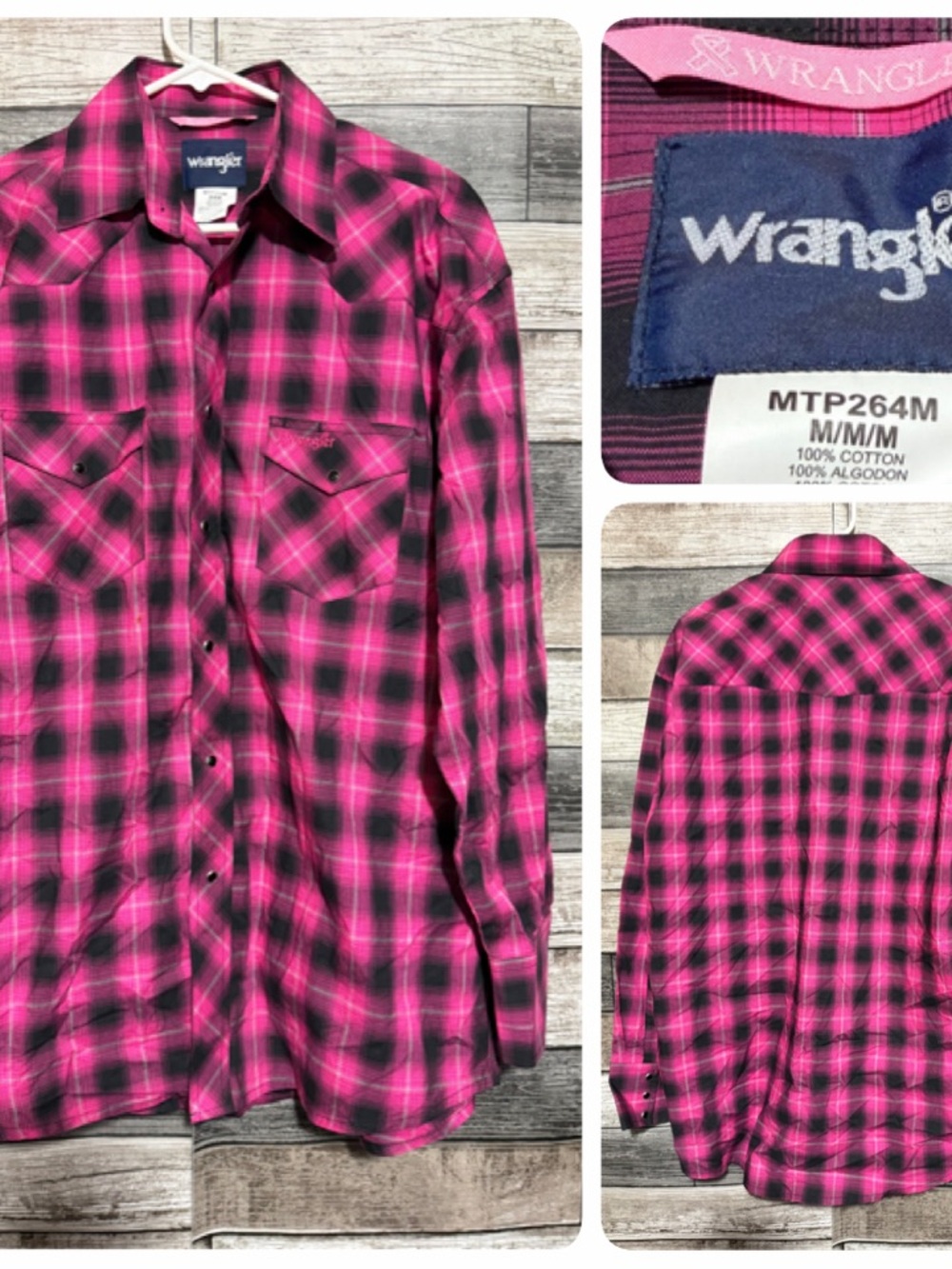 Wrangler Pearl Snap Button Up Shirt Men’s M Pink Plaid Breast Cancer awareness